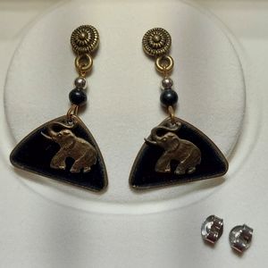 Vintage 1990s Brass Color Elephant on Black Triangle Drop Earrings